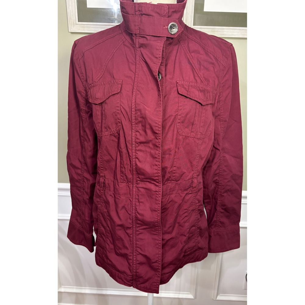 Christopher & Banks Burgundy Cotton Field Jacket Plaid Lined Utility Coat Medium
